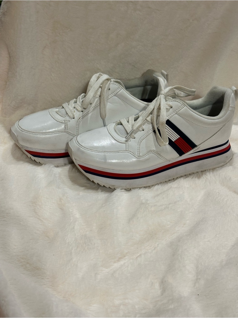 Tommy Hilfiger White Platform Sneakers with Red & Navy Stripe